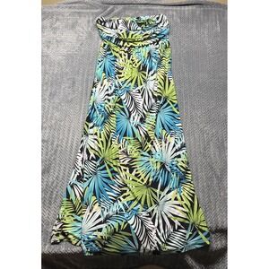 Vtg Iolani Hawaiian Dress Women M Tropical Strapless Maxi Black Aqua USA Stretch